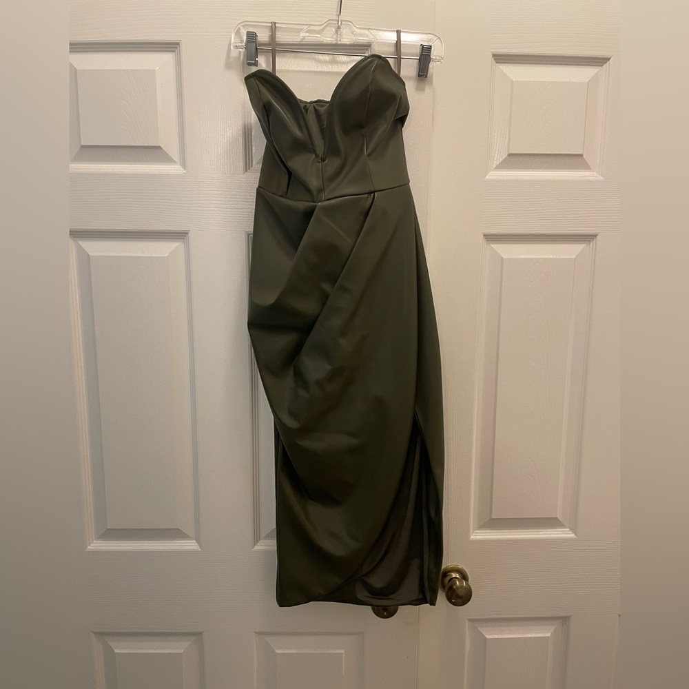 JLUX Label faux leather Cedalla dress. Olive green. Size small. NEVER worn.
